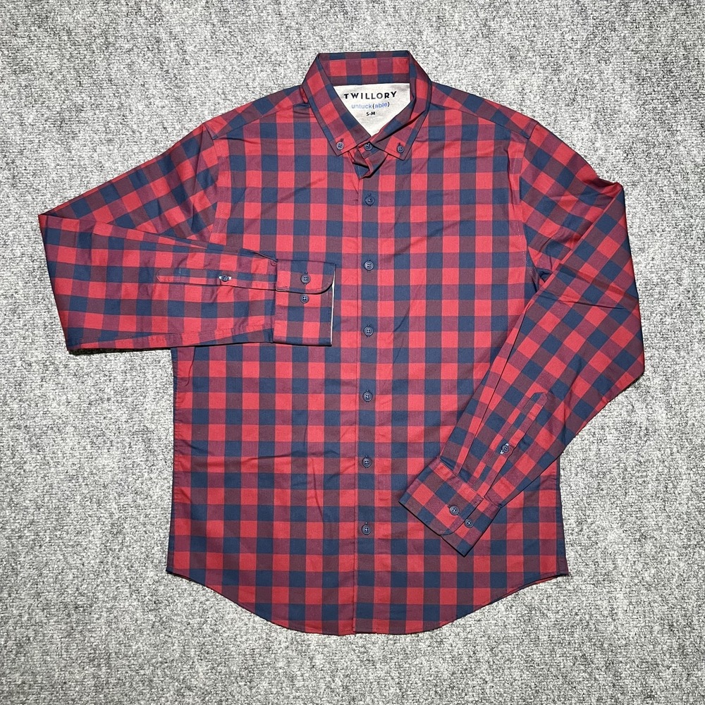 Twillory Dress‎ Shirt Untuckable Performance Buffalo Check Men S-M Red Navy
